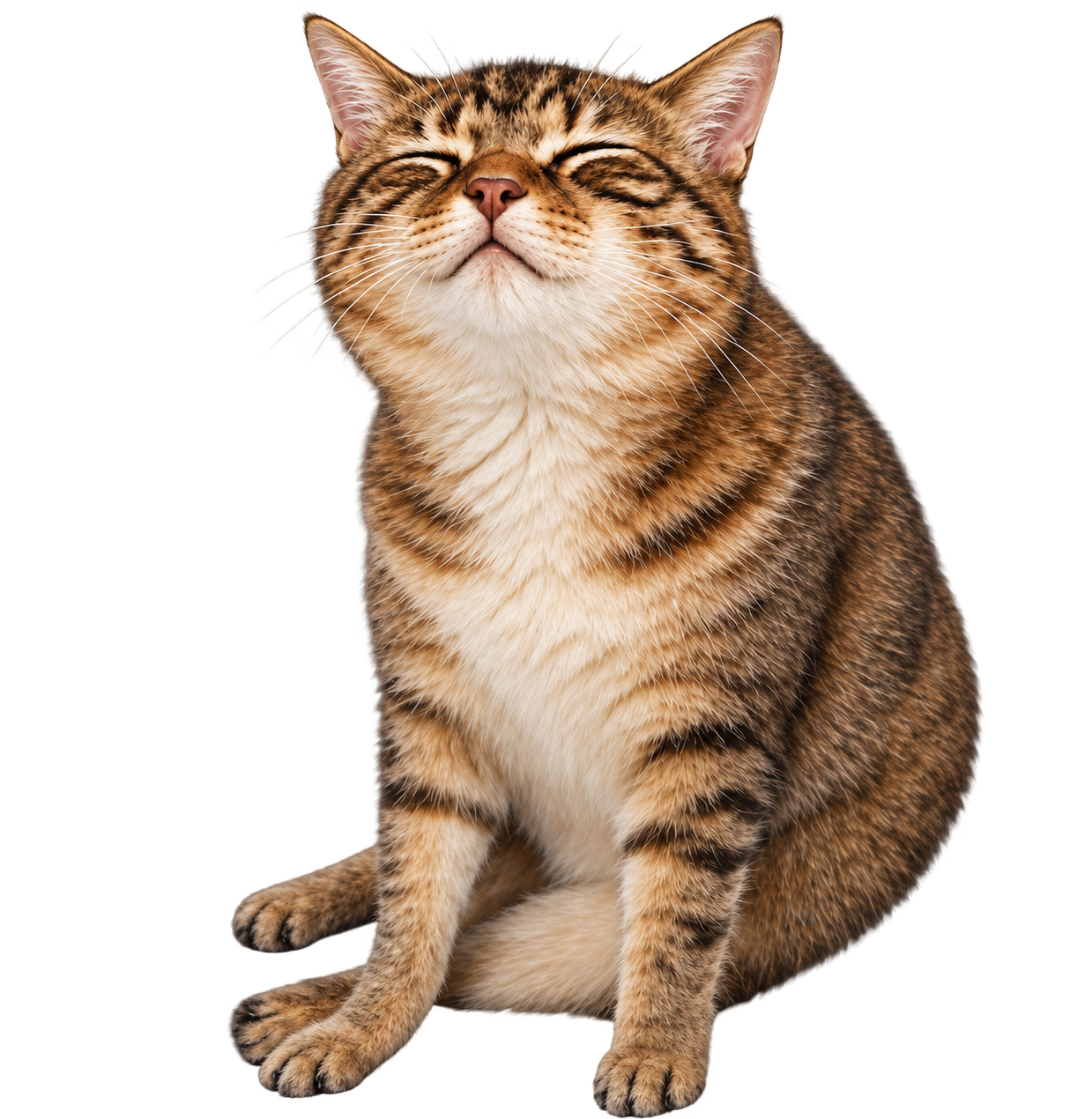 $CASHCATE mascot — a tabby cat sitting with eyes closed, deeply content