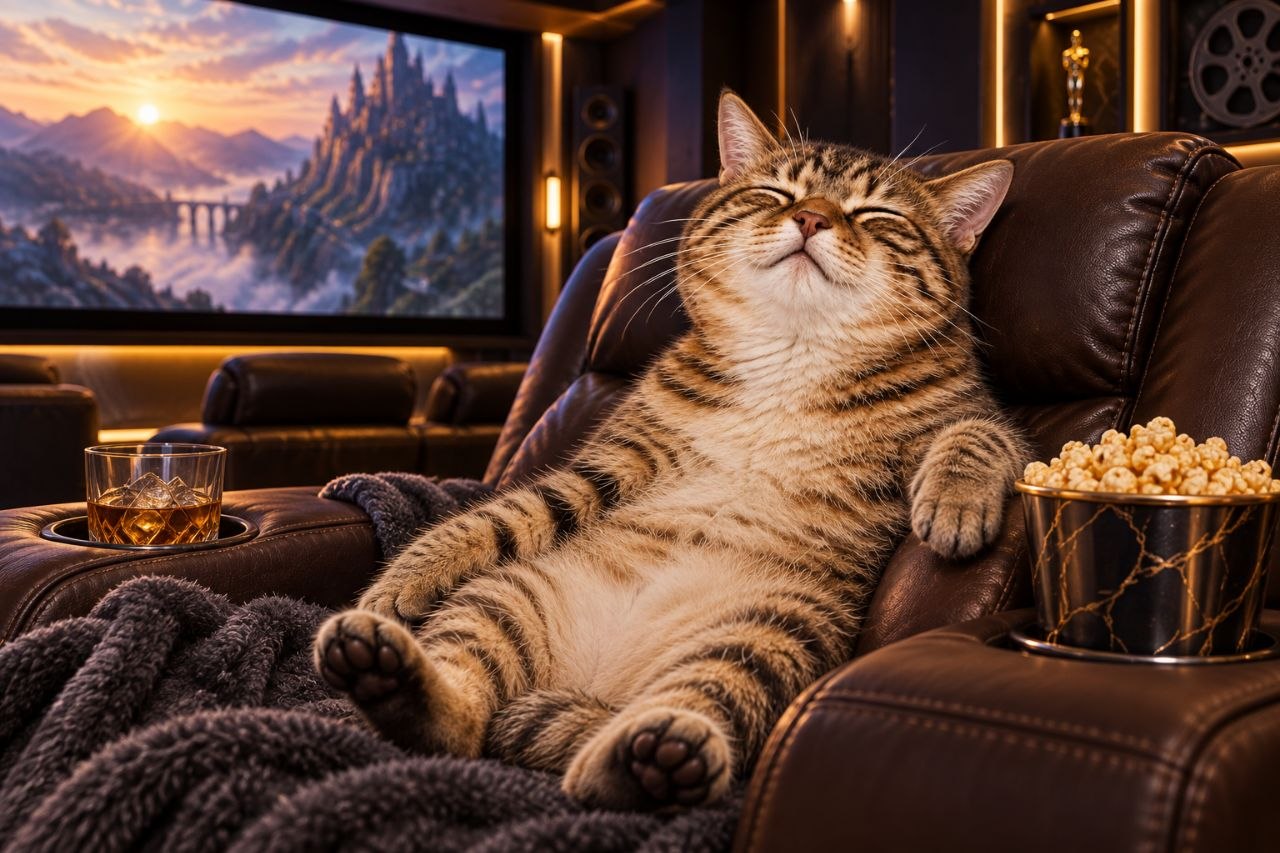 Cash Cate reclining in a leather chair with popcorn in a private cinema