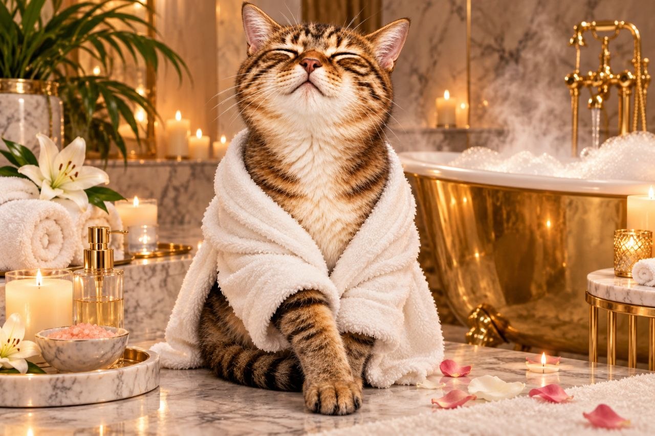 Cash Cate in a white bathrobe beside a gold bathtub in a candlelit marble spa